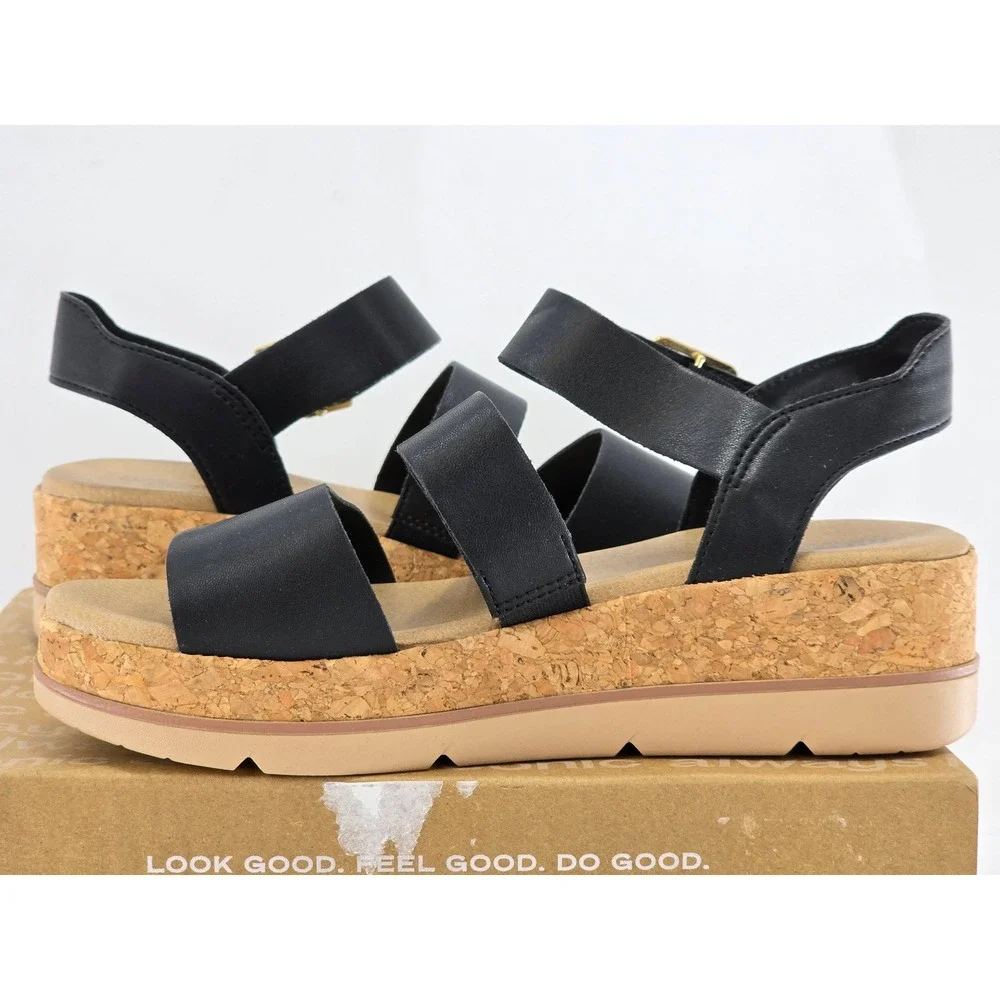 Dr. Scholl's Once Twice Sandals Womens 8 Black Strappy Cork Wedge -Excellent